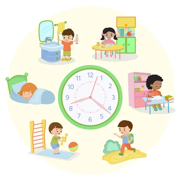 Los niños programan ilustración vectorial de banner. La rutina diaria. Conjunto de actividades para niños, despertarse, dormir, cepillarse los dientes, comer, ir a la escuela, aprender, hacer ejercicios . — Archivo Imágenes Vectoriales