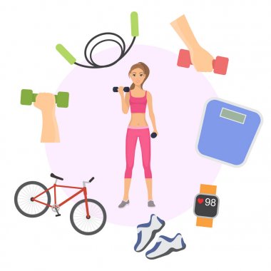 Kız dumbbells poster, afiş vektör illüstrasyon ile egzersiz. Spor, fitness, vücut geliştirme, halter konsepti, genç kadın kasları esneme. Sağlıklı yaşam tarzı için aksesuarlar.