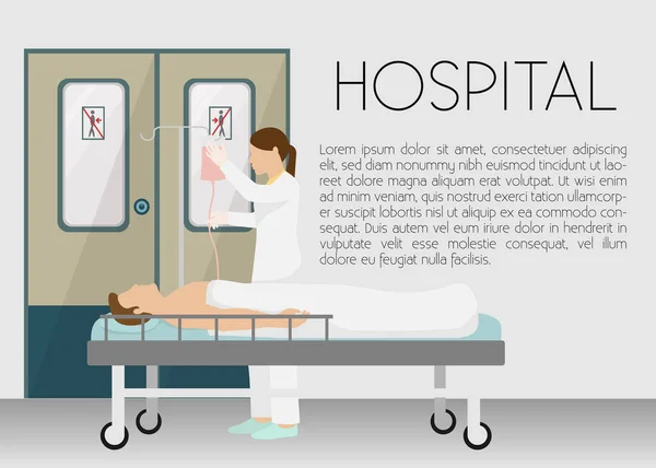 Homem no hospital em banner de gotejamento ilustração vetorial. Jovem dos desenhos animados deitado na cama com infusor. Médico, conceito de saúde. Médica de pé perto do doente . — Vetor de Stock