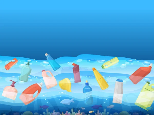 Contaminación del océano con imagen de bolsa de plástico flotante y peces dentro de la ilustración del vector de banner. Ecología, protección del medio ambiente, desastre ambiental. Profundidad contaminación . — Vector de stock
