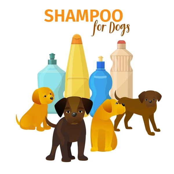 Animal grooming salon vector illustraion. Dog hair hygiene poster. Pet shop concept banner. Different puppies on bottles background. Advertisement for store. Bath accessories.