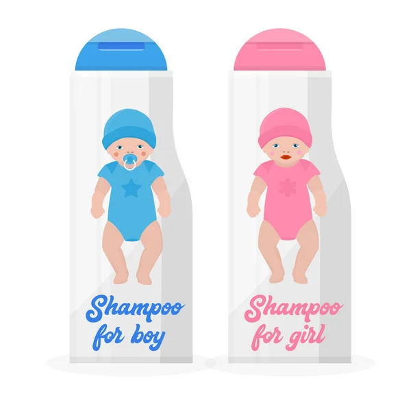 Botellas con bebé champú banner ilustración del vector. Niño y niña con ropa y sombrero azul y rosa. Higiene infantil. Accesorios para bañarse. Botellas de plásticofondo blanco . — Vector de stock