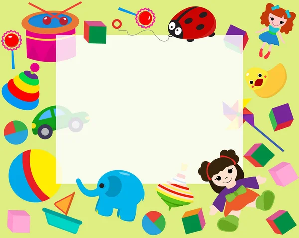 Horizontale Rahmeneinfassung mit bunten Spielzeugen im Cartoon-Stil Banner Vektor Illustration. Platz für Foto, Bild, Urkunde. kindliches Design mit Puppe, Ente, Elefant, Boot, Ball. — Stockvektor