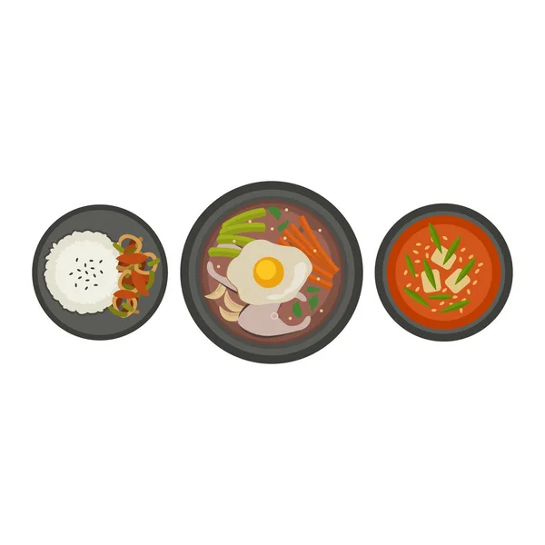 Corea piatto tradizionale zuppa in ciotola isolato su sfondo bianco colazione cibo sano caldo delizioso e vegetariano semole guarnire pane cucina vettore illustrazione — Vettoriale Stock