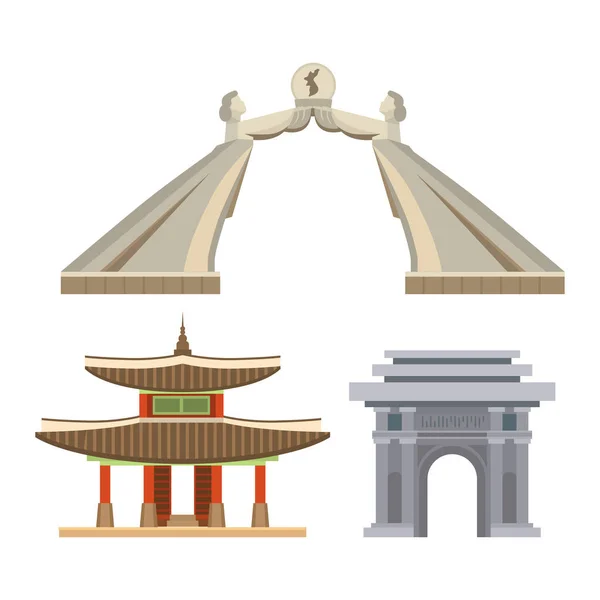 Corée vecteur coréen culture symboles traditionnels bâtiments temple point de repère voyage en Corée du Sud illustration tourisme asiatique ensemble de nourriture orientale dans la ville de Séoul isolé sur fond blanc — Image vectorielle