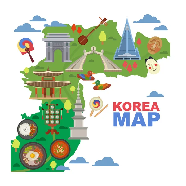 Korea kaart vector Koreaanse tekens cultuur traditionele symbolen sightseeing Landmark reizen in Zuid-Korea illustratie Aziatische toerisme set van oosterse gerechten in Seoul stad geïsoleerd op witte achtergrond — Stockvector