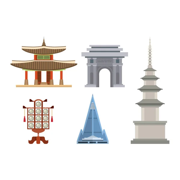 Korea vector Koreaanse cultuur traditionele symbolen gebouwen tempel Landmark reizen in Zuid-Korea illustratie Aziatische toerisme set van oosterse gerechten in Seoul stad geïsoleerd op witte achtergrond — Stockvector