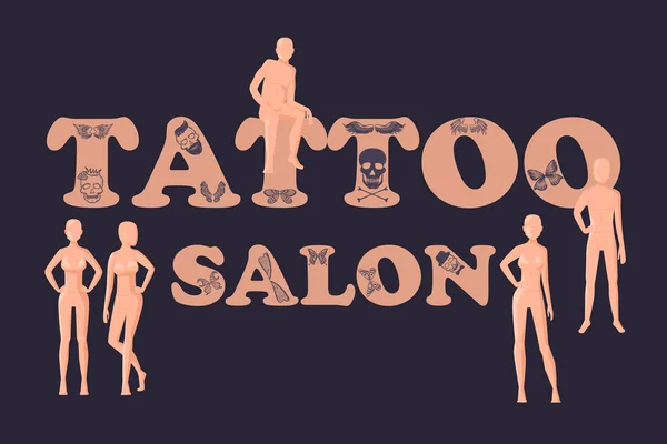 Vektor Vintage Tattoo Studio logo mall på svart bakgrund. Cool retro stil vektor emblem. Tattoo Studio skylt med man och kvinna Body dockor. — Stock vektor