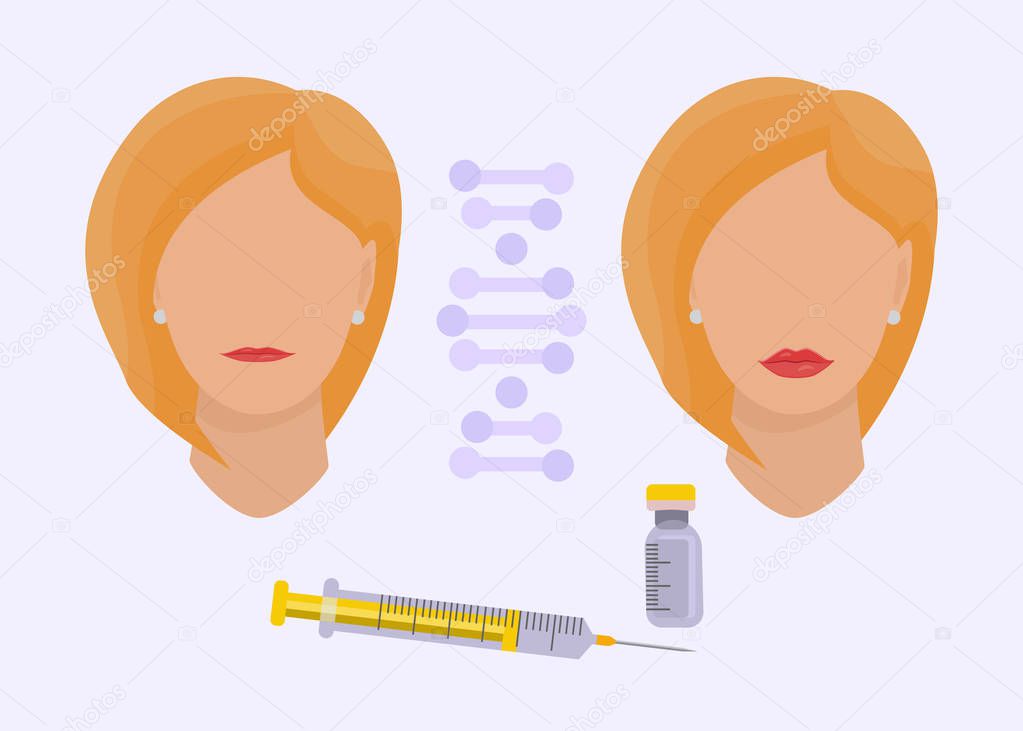 Woman makes procedure of beauty injection for lip augmentation. Lips before and after hyaluronic acid lip filler injection. Anti age vector illustration.