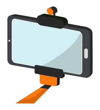 Selfie stick vektör monopod akıllı telefon modern telefon sopa ve selfie-monopod tasarım beyaz arka plan üzerinde izole fotoğraf otoportre illüstrasyon seti yapma ile