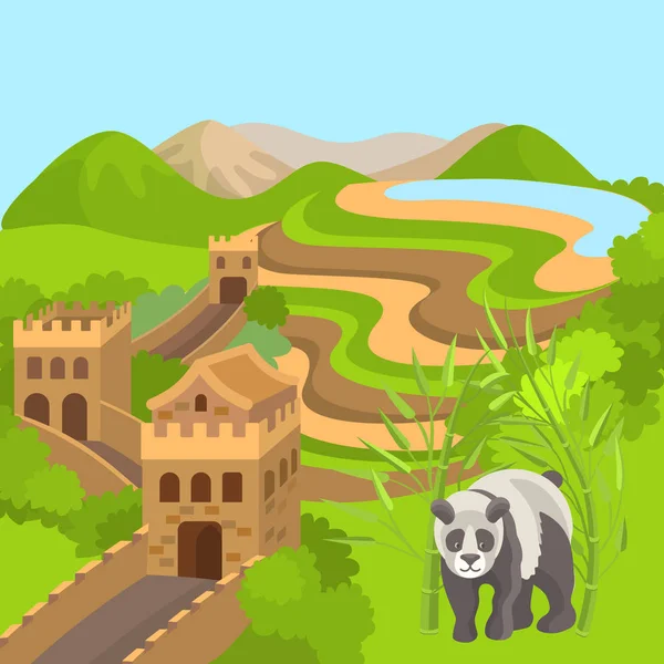 Cina paesaggio verde astratto. Illustrazione vettoriale, eps10. Cina simboli panda orso, cinese Grande Muraglia. Poster, infografica e cartolina di design di sfondo . — Vettoriale Stock