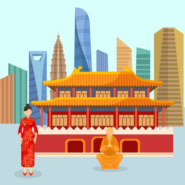 China concepto de viaje urbano con vector de puntos de referencia chinos. Pagoda, geisha en kimono rojo y monje budista con fondo de ciudad de rascacielos morden. Aventura en China . — Vector de stock