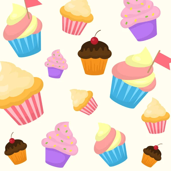 Vector cartoon stijl naadloze patroon met zoete cupcake. Yummy dessert muffins versierd met kersen, roze ijsvorming en kleine rode vlaggen op beige achtergrond. — Stockvector