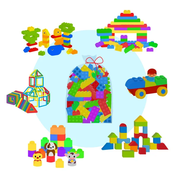 Torba pełna klocków LEGO, drewnianych kostek i postaci magnetycznych dla dzieci w wieku przedszkolnym. Budowa wieży, zamku, domu i lokomotywy. Elementy ilustracji wektorowych izolowane na białym tle — Wektor stockowy