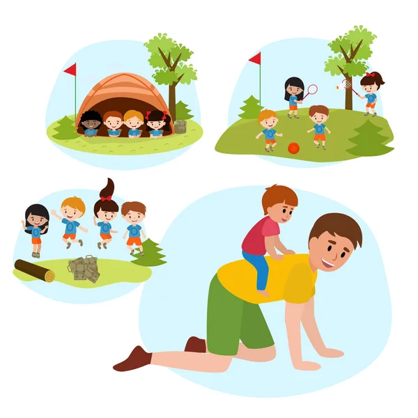 Família verão camping plana vetor illustration.Father piggyback montando um filho, crianças jogando tênis e futebol no parque, meninas e meninos pulando, crianças sentadas na tenda  . — Vetor de Stock