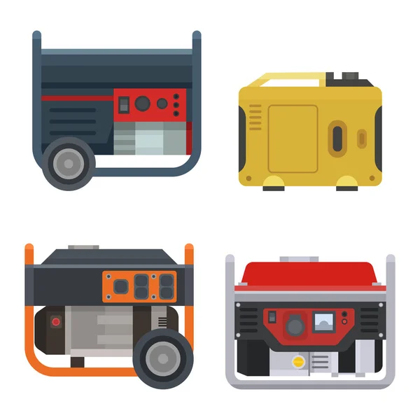 Generator-Vektor-Leistung zur Erzeugung von tragbarem Benzin-Kraftstoff-Energie industrielle elektrische Motorausrüstung Illustration Satz von Dieselindustrie isoliert auf weißem Hintergrund — Stockvektor