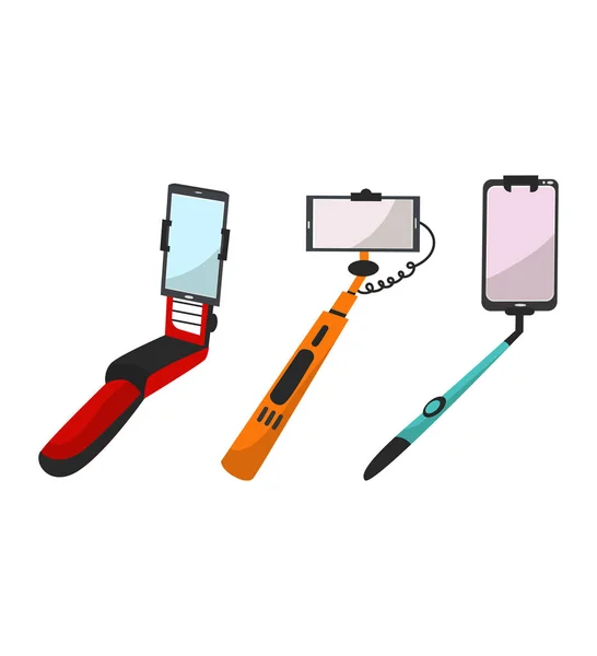 Selfie stick vector monopod con teléfono inteligente haciendo fotografía autorretrato ilustración conjunto de teléfono-stick moderno y selfie-monopod diseño aislado sobre fondo blanco — Vector de stock