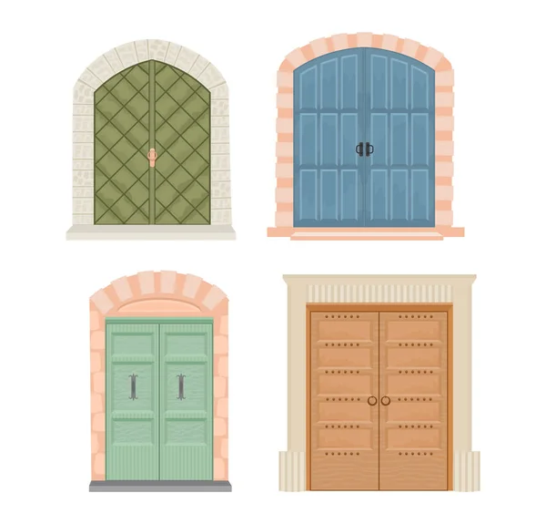 Portas vector vintage doorway entrada frontal elevador entrada ou elevador interior casa interior ilustração conjunto medieval edifício doorpost doorsill e portão isolado no fundo branco — Vetor de Stock