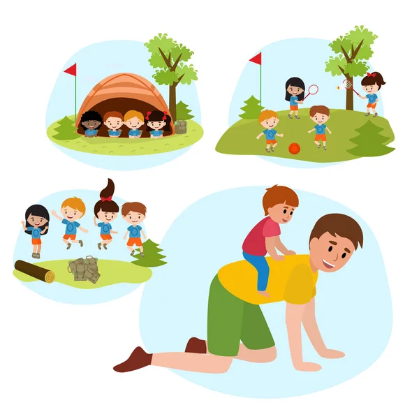 Family Summer camping flat vector illustration.Father piggyback riding a son, children playing tennis and football in park, girls and boys jumping, kids sitting in tent . Vector Graphics