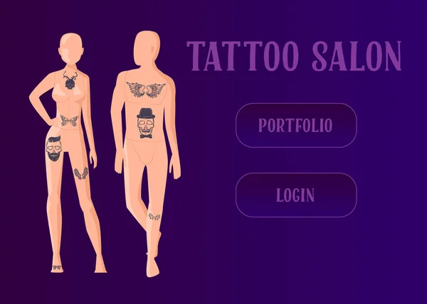 Майстер татуювання робить зображення чорнила на посадковій сторінці салону. Професійні татуювання на чоловічому та жіночому манікюрі. Веб-сайт студії татуювання або веб-сторінка. Плоский мультфільм Векторні ілюстрації — стоковий вектор