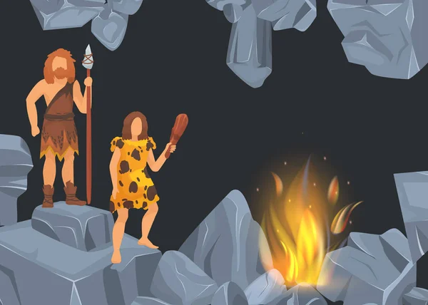 Grottman och kvinna i förhistorisk tid i Rock Cave innan Fire Place. Banderoller med svart bakgrund för din text. Primitiv kvinna och Neanderthal med vapen, vektor illustration. — Stock vektor