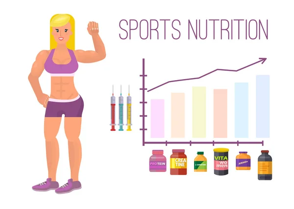 运动营养信息图横幅和元素与健美，健身女孩和图形与蛋白质和维生素容器。运动人和对象。健美运动员信息图模板. — 图库矢量图片