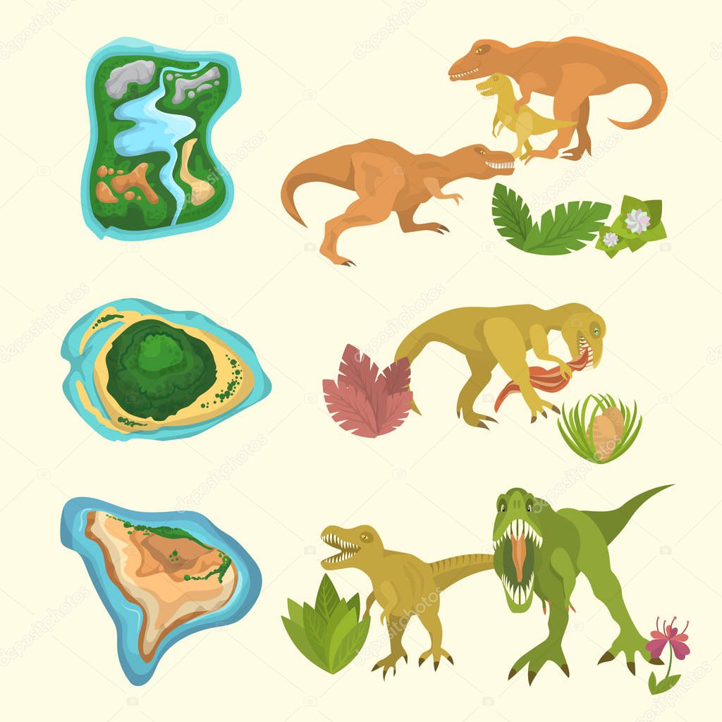 Set of dinosaurs including T-rex, Brontosaurus, Triceratops, Velociraptor, Allosaurus, prehistorical islands and floras. Isolated vector illustration.