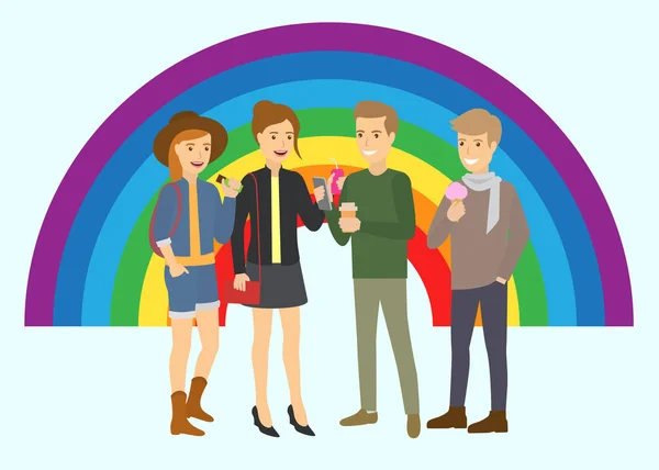 Ilustración vectorial de parejas felices masculinas y femeninas de diferente orientación sexual con fondo de arco iris de color. Cartel de comunidad lesbiana, gay, bisexual, transgénero y queer . — Vector de stock