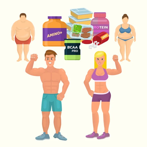 Flat style colorful cartoon illustration of fat man and woman before and bodybuilder man and athletic girl after with cans of whey and casein protein.