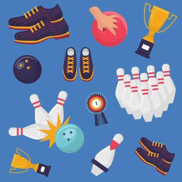 保龄球游戏矢量模式在蓝色背景。平设计的运动鞋，十个滑囊，击球，一只手拿着球，优胜者奖章和球. — 图库矢量图片