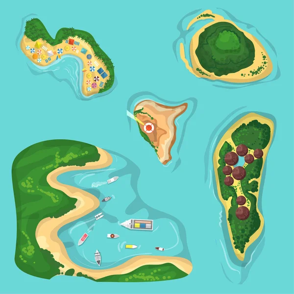 Bella senza soluzione di continuità modello isola tropicale su sfondo blu. Paesaggio con mappa delle isole verdi, spiagge con barche, bungaloo e oceano. Illustrazione vettoriale per sfondo poster . — Vettoriale Stock