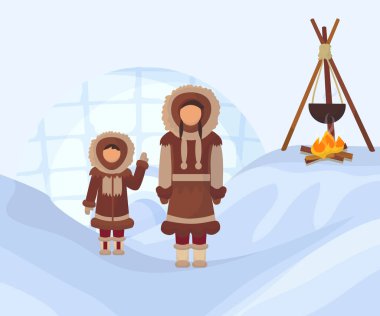 Ulusal kıyafetler giymiş eskimolar. Geleneksel kuzey kutbu kostümlü kadın ve çocuk. Alaska halkı, kazanla ateş yeri, buz ve kar geçmişi yle. Vektör düz illüstrasyon.