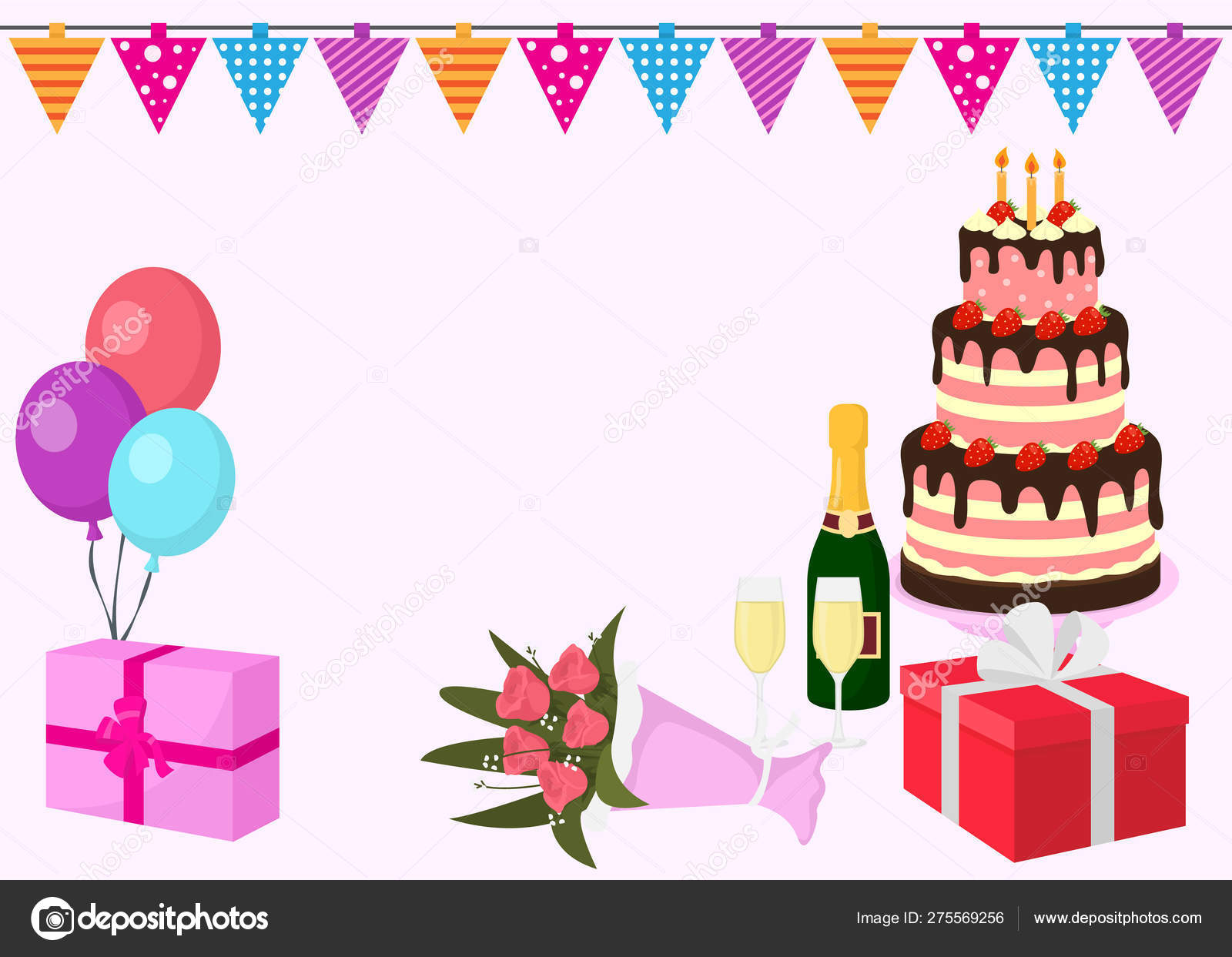 Happy Birthday Vector Greeting Card Background With Colorful Balloons Gift Box With Ribbons Flowers Large Cake With Candels Flags And Bottle Of Champagne Stock Vector Image By C Luplupme Gmail Com 275569256
