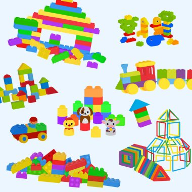 İnşaat oyuncakları deseni. Lego, ahşap tuğla ve okul öncesi çocuklar için manyetik rakamlar. Bina kulesi, kale, ev ve lokomotif. Beyaz arka planda yalıtılmış vektör illüstrasyon öğeleri.