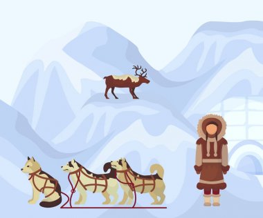 Geleneksel eskimo kostümü, kutup köpekleri ve kutup geyiği kuzey insanlar. Uzak kuzeyde hayat. Eskimo köpekleri ile kutup doğası huskies köpek kızağı ve kar dağlarında kızak. Alaska vektör posteri.