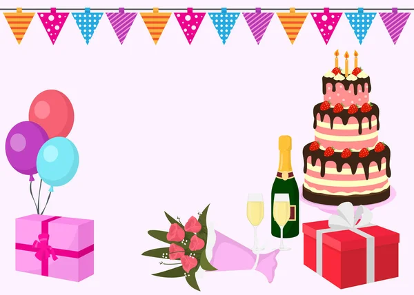 Feliz cumpleaños vector tarjeta de felicitación fondo con globos de colores, caja de regalo con cintas, flores, pastel grande con velas, banderas y botella de champán . — Vector de stock