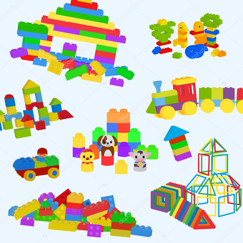 Construction toys pattern. Lego, wooden bricks and magnetic figures for preschool childrens. Building tower, castle, house and locomotive. Vector illustration elements isolated on white background.