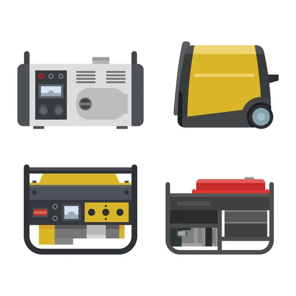 Generador de energía vectorial generador de gasolina portátil gasolina combustible energía industrial motor eléctrico equipo ilustración conjunto de la industria diesel aislado sobre fondo blanco — Vector de stock