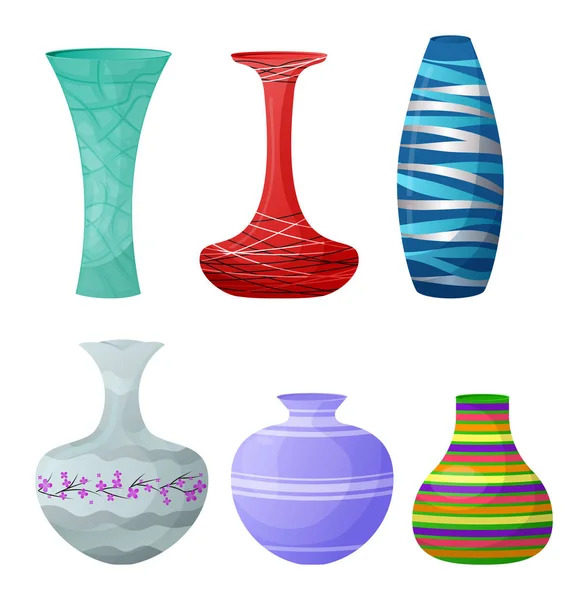 Vase vector decorative ceramic pot and decor glass pottery elegance vases illustration set of classic beautiful modern jar isolated on white background — Stock Vector