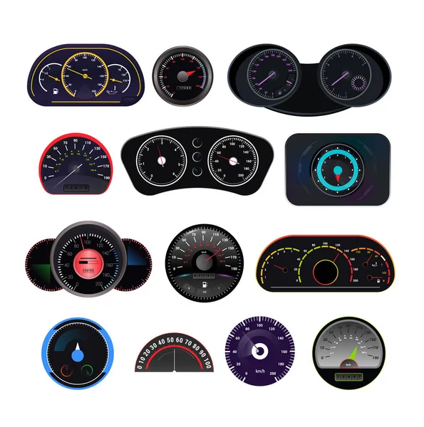 Speedometer vector car speed dashboard panel and speed-up power measurement design illustration set of speed-limit control technology with arrow or pointer isolated on white background — Stock Vector