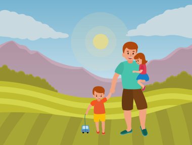 Happy Father s Day. Dad with his son and daughter in his arms outdoors with mountains and hills nature background. Greeting card for the holiday. clipart
