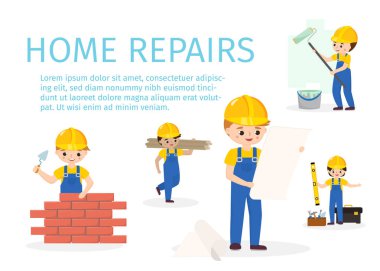 Sarı kask oluşturucu, yapıcı, duvar ressamı ve tamirci vektör illüstrasyon. Çizgi film karakteri ile adım adım kırmızı tuğla duvar onarım. Ev onarımı ve hizmetleri için bilgi grafikleri.