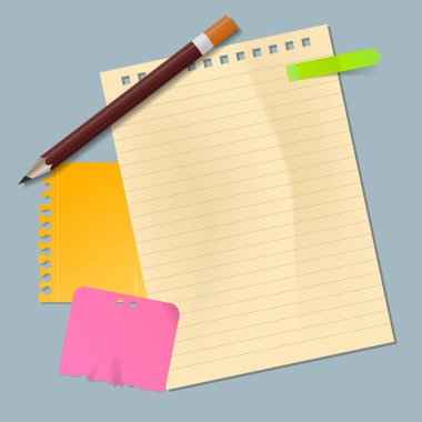 Vektör ofis sıfırkağıtlar veya kalem ile cribbling blok kağıt gerçekçi boş boş renkli yaprak kümesi. Sarı, pembe ve yeşil etiket bildirim kağıtları. Şablon koleksiyonu.