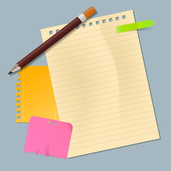 Vector Office set van realistische leeg lege gekleurde vellen papier van Scratch papers of cribbling blok met potlood. Gele, roze en groene sticker aankondiging papers. Sjabloonverzameling. — Stockvector