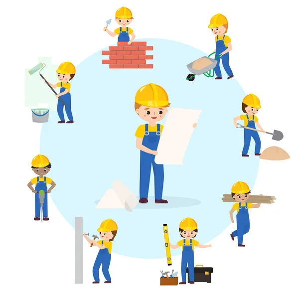 建筑房屋建设。一套平面建筑商在黄色头盔中用不同的设备、砖墙、油漆、修理工具。建筑房屋的信息图矢量图. — 图库矢量图片
