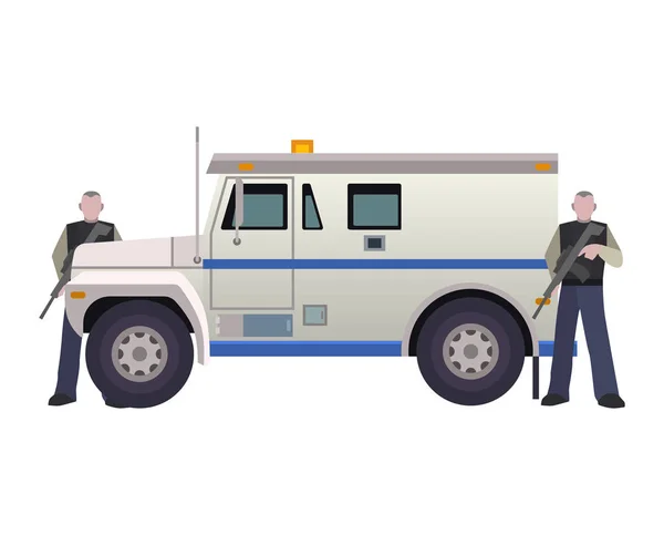 Τεθωρακισμένα χρήματα μεταφορέα όχημα διάνυσμα τράπεζα Van μεταφορά αυτοκίνητο πλευρά εικόνα πανοπλία μεταφορά σύνολο του Βαν φορτηγό με την ασφάλεια των χρημάτων άνθρωπος άνθρωποι φρουρά χαρακτήρας απομονώνεται σε λευκό φόντο — Διανυσματικό Αρχείο
