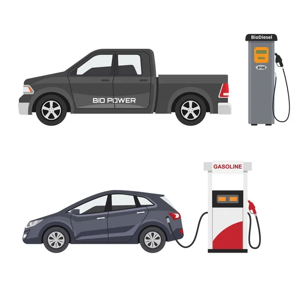 Yakıt alternatif araç vektör takım-araba veya gaz-kamyon ve güneş-van veya benzin elektrik istasyonu illüstrasyon biyo-etanol ve hidrojen elektrikli araba beyaz arka plan üzerinde izole seti — Stok Vektör