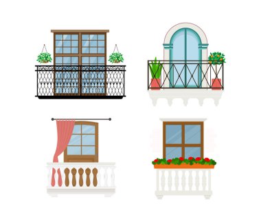 Balkon vektör vintage balkonlu korkuluk pencereler bina illüstrasyon güzel mimari dekor pencere-pan cephe beyaz arka plan izole seti cephe duvarı