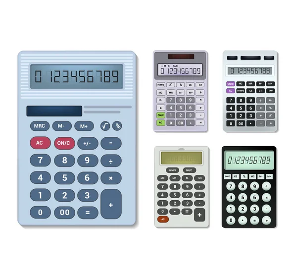 Calculatrice vecteur entreprise comptabilité calcul technologie calcul finance illustration ensemble d'objet mathématique avec boutons calcul mathématiques nombres isolés sur fond blanc — Image vectorielle