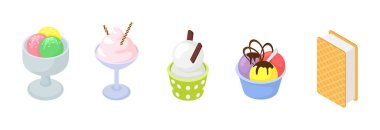 Kaşık la krema şeker buzlu krema izometrik set beyaz arka plan üzerinde izole kepçe illüstrasyon krema şeker kremaizometrik seti üzerine çikolata vanilya ve buzlu creamer tatlı ile koni içinde Dondurma vektör dondurma